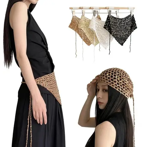 Trendy Sequined Headscarf Headband Hollow Ins Style Knitted Triangle Scarf Y2K Versatile Beanies Headband Photo Atmosphere