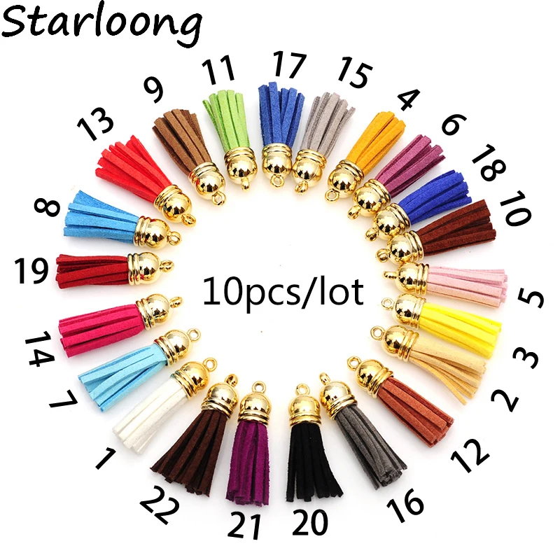 10pcs/lot multicolor mixed Suede Tassel For Keychain Cellphone Straps Charms 38mm Full Leather Tassels gold-color Caps randomly