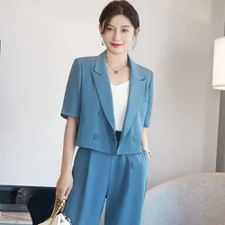 DAYIFUN Women Solid Color Sets Lapel Short Sleeve Streetwear Double Breasted Blazer and Trousers Fashion Casual Ladies Suits