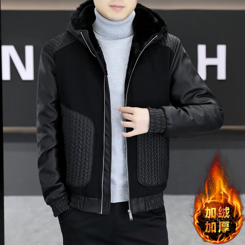 Winter Hooded Knitted Leather Jacket Men Thick Velvet Trendy Casual Luxury Leather Jacket Streetwear Social Coats Men Clothing