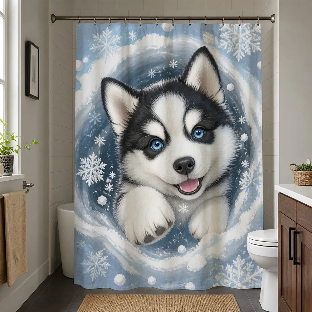 Cute Husky Puppy Shower Curtain Blue Winter Snowflakes Dog Bathroom Decor Novelty Shower Curtain
