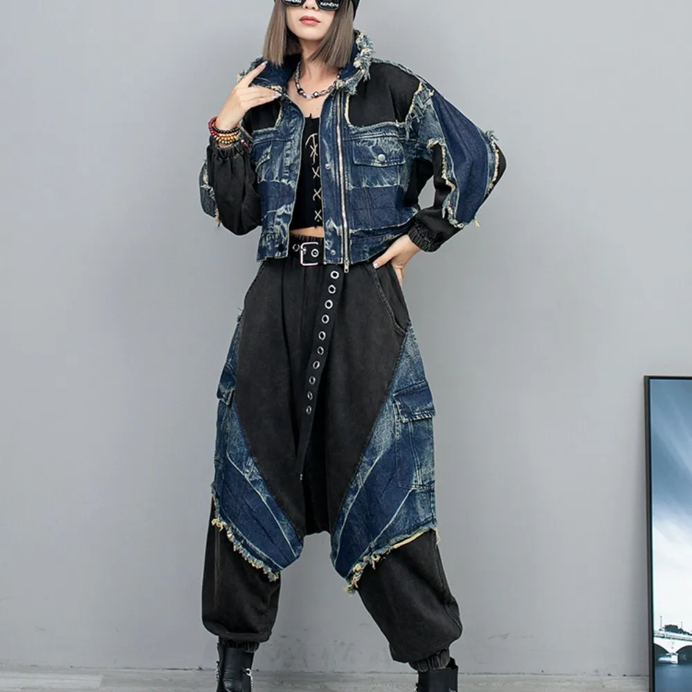 

Color Matching Denim Fashion Pant Set Women Spring Autumn Short Jacket + Large Crotch Pants Two Piece Set LX798F1