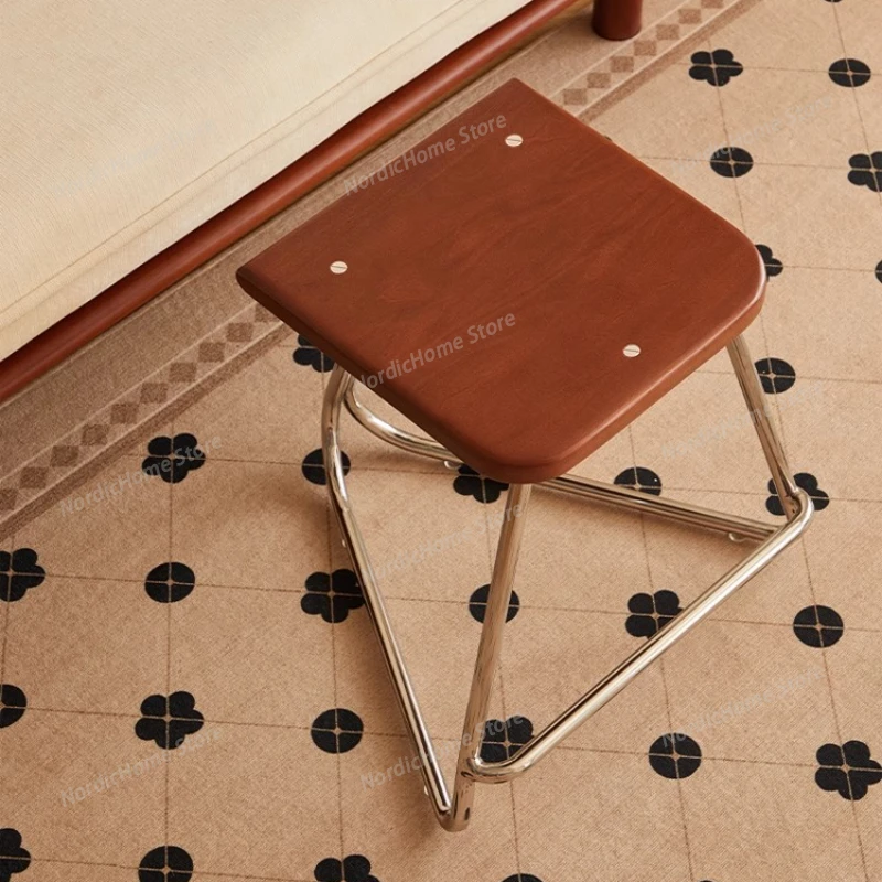 Retro Triangular Solid Wood Dining Stool, Stool and Coffee Table, Simple Stainless Steel Home Bar Stool