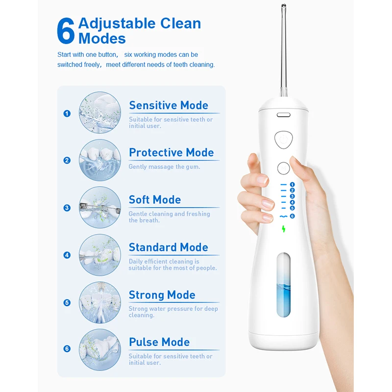 Irrigador Oral recargable por USB, limpiador Dental portátil con chorro de agua, tanque de agua de 240ML, resistente al agua, 6 modos de limpieza