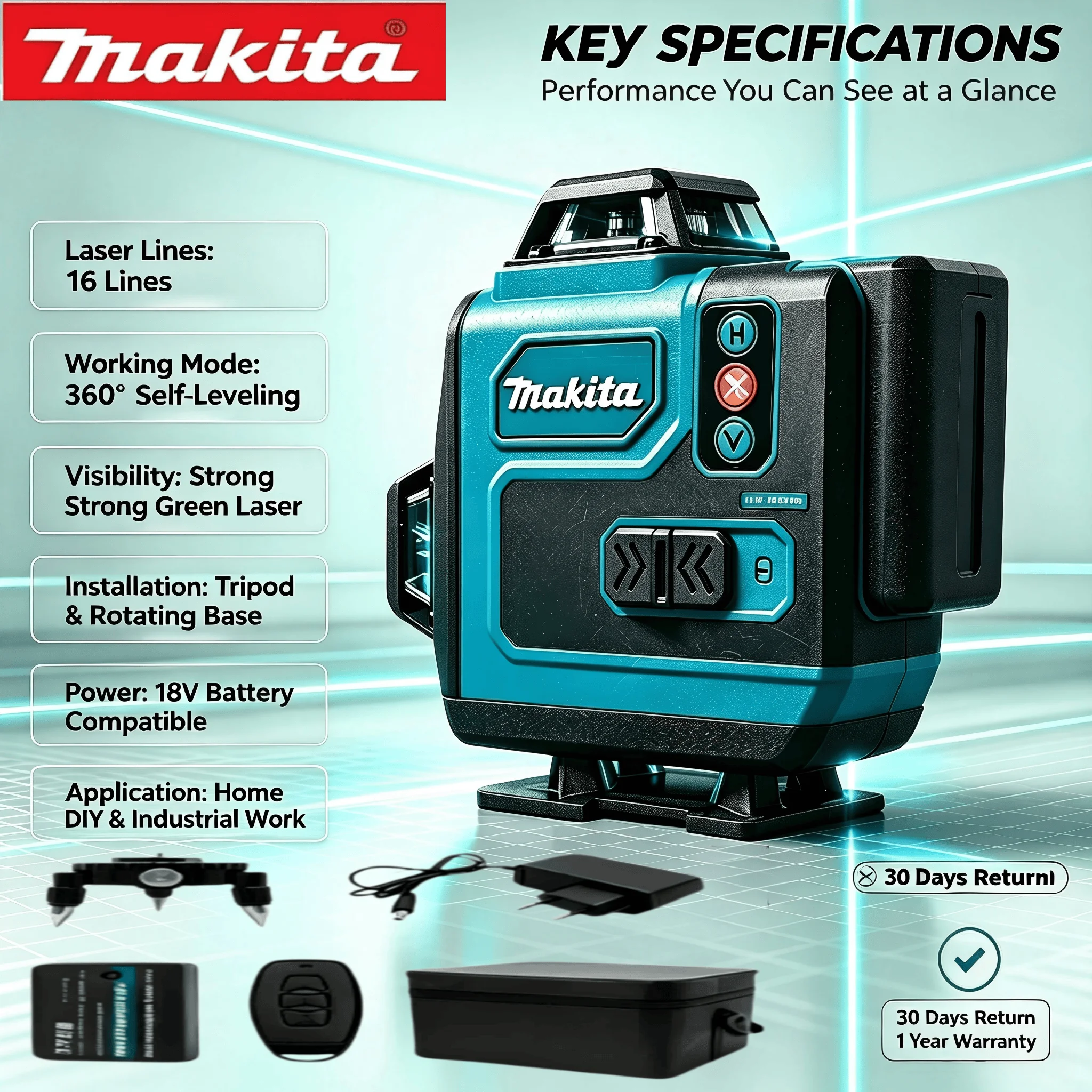 Makita 16 Lines 4D Green 360° Self Leveling Laser Leveler Fit 18V 6.0Ah Lithium Battery Construction Decoration Measuring Tool