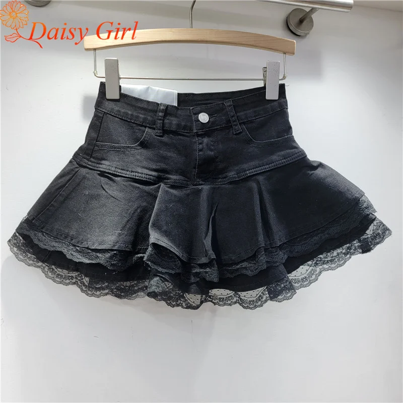 Sambungan Denim Elastis Baru ​ ​ Rok Bengkak Rok Kue Renda Multi Lapis Gadis Seksi Pinggang Tinggi Rok Mini Manis dan Serbaguna