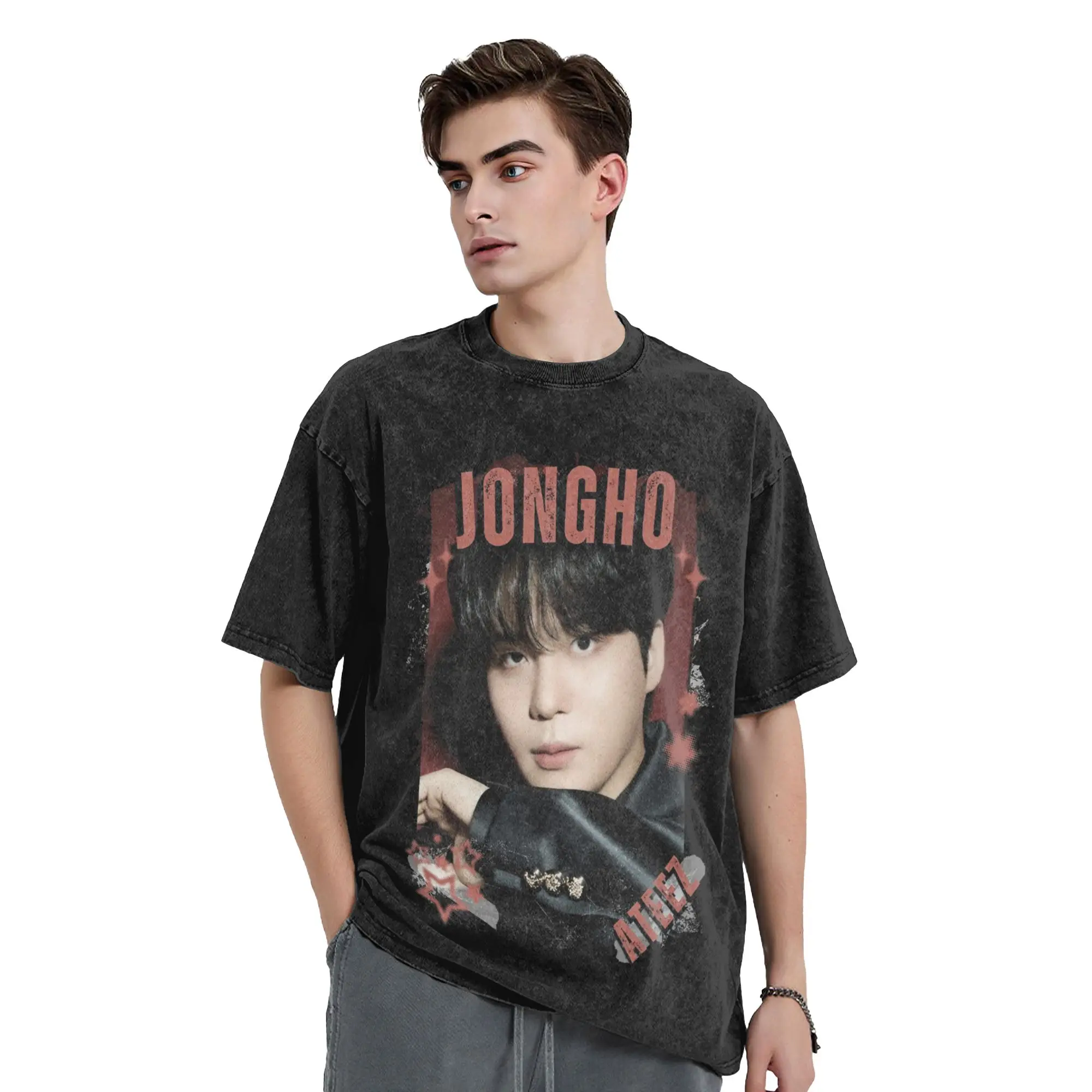 Kpop Boy Group A-Ateez Jongho Washed T Shirt Streetwear  Cool T-Shirts  Tee Shirt for Men Women 100% Cotton Harajuku Printed