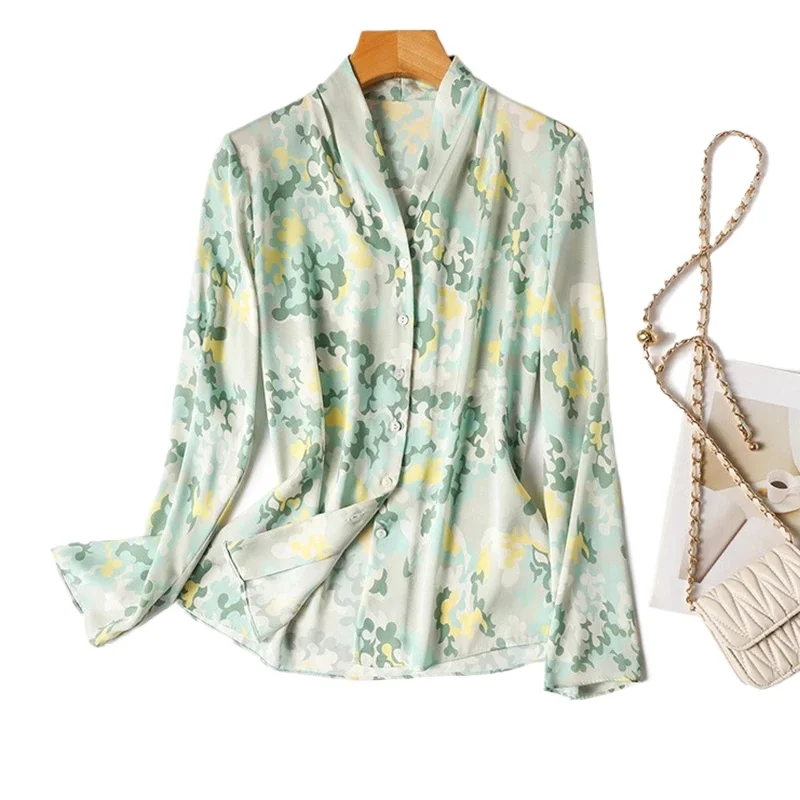 New arrived deep-V neck women blouses Fashion printed ladies shirts 2025 Spring Summer Button-Down Tops