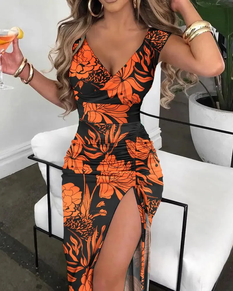 Vestidos Para Mujer Women Printed Summer Dress, V-neck Elegant Casual Clothing, Sleeveless, Tight Fitting, Beach Party, 2024