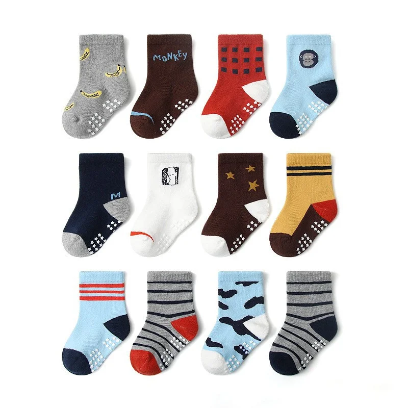 

12pair/Lot Non Slip Toddler Socks with Grip for Boys Girls Baby Infants Kids Anti Skid Cotton Crew Socks Outdoors 0-7Years