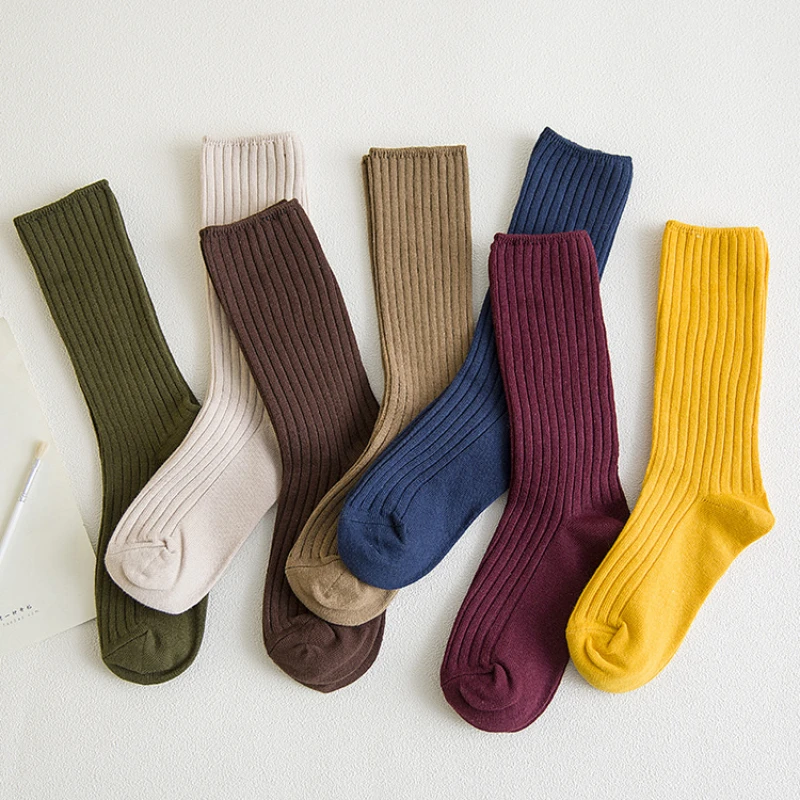 

Autumn and winter comfortable and breathable long-tube double-needle pile socks with striped solid color cotton socks for women