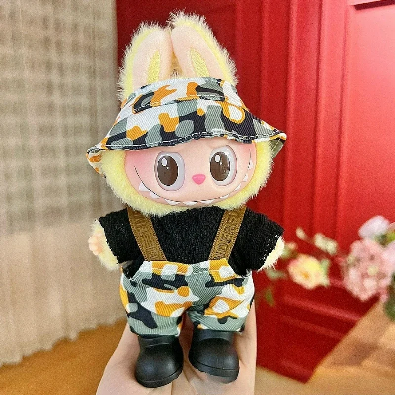 

17 см мультфильм ухмыляющий кролик виниловая кукла с лицом конфеты маленький аромат ириска джинсовый камуфляжный костюм стиль замена костюма