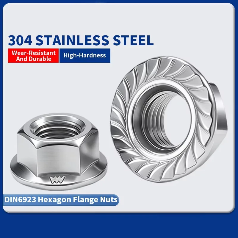 304 Stainless Steel DIN6923 Hex Flange Nut A2-70 M2.5 M3 M4 M5 M6 M8 M10 M12 M14 M16 M20 Hexagon Serrated Flange Nut Fastener