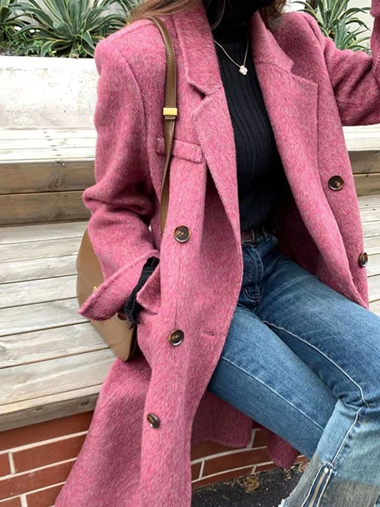 

2024 Autumn Winter Fashion Woolen Coat Women's Clothing Solid Color Lapel Double Breasted Loose Long Overcoat Lady Jacket