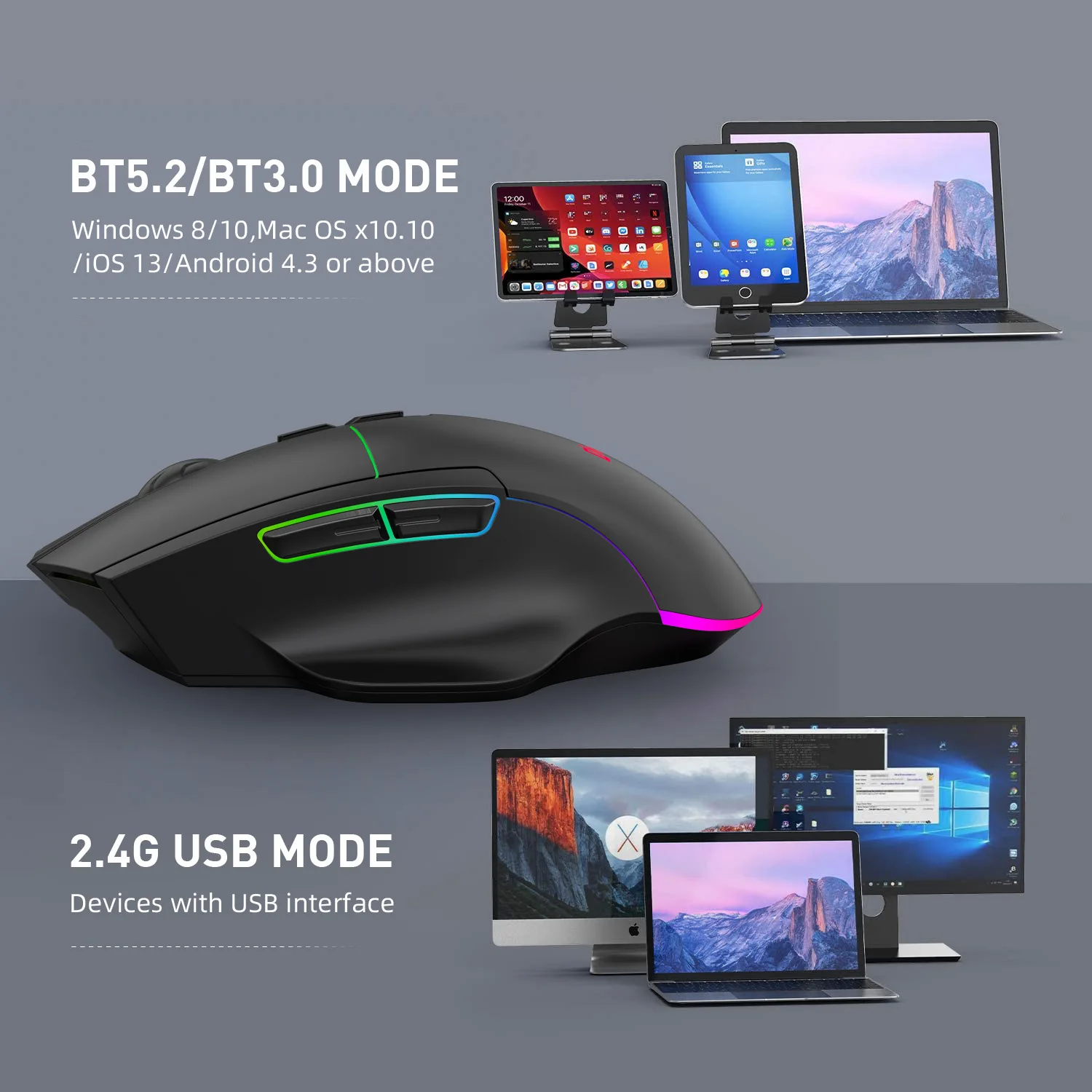 2.4Ghz Wireless Bluetooth 5.2 Mouse Tri-mode Type-C Charging 1600DPI RGB Luminous USB Computer Mute Gaming Mice For Laptop PC