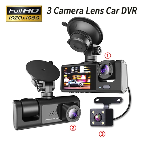 3 canales DVR para coche HD 1080P 3 lentes dentro de la cámara de salpicadero del vehículo cámara de tres vías DVR grabadora grabadora de vídeo Dashcam videocámara
