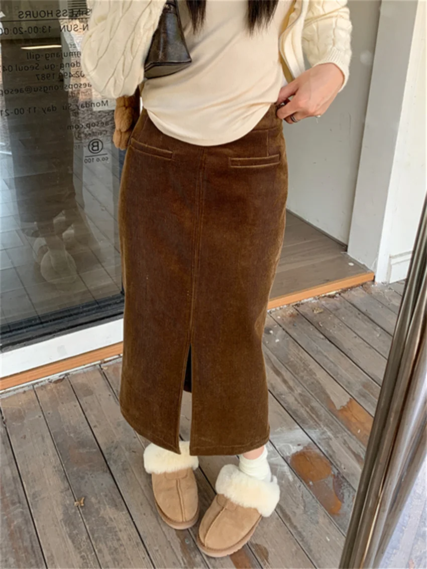 

Alien Kitty Straight Corduroy Women Maxi Skirts Chic Split New Daily Minimalist Elegant High Waist Slim Spring Office Lady