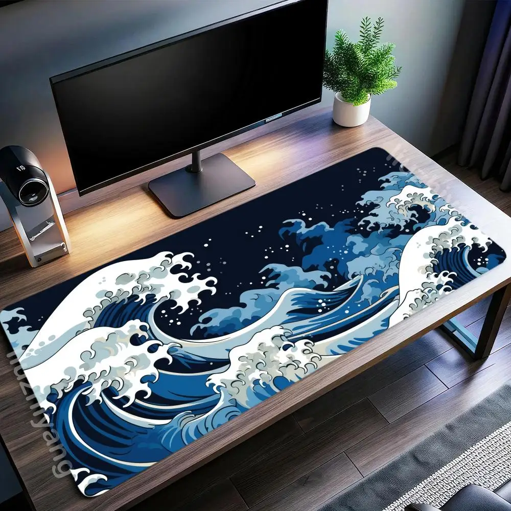 

Blue Waves Print Mouse Pad Large Computer Office Game Table Mat XXL Rubber Anti-slip Stitched Edges Keyboard Mats Long Desk Pads