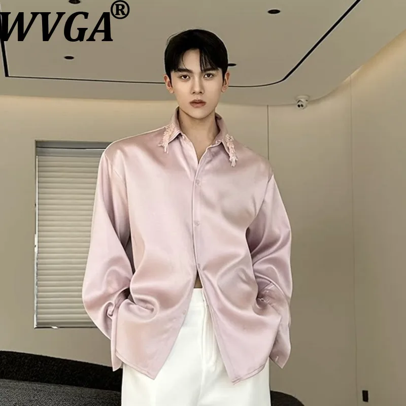 

WVGA 2026 Spring New Man Tide Heavy Beaded Chain Trendy Design Turn Down Collar Long Sleeve Shirts Niche Chic Casual Tops W20538
