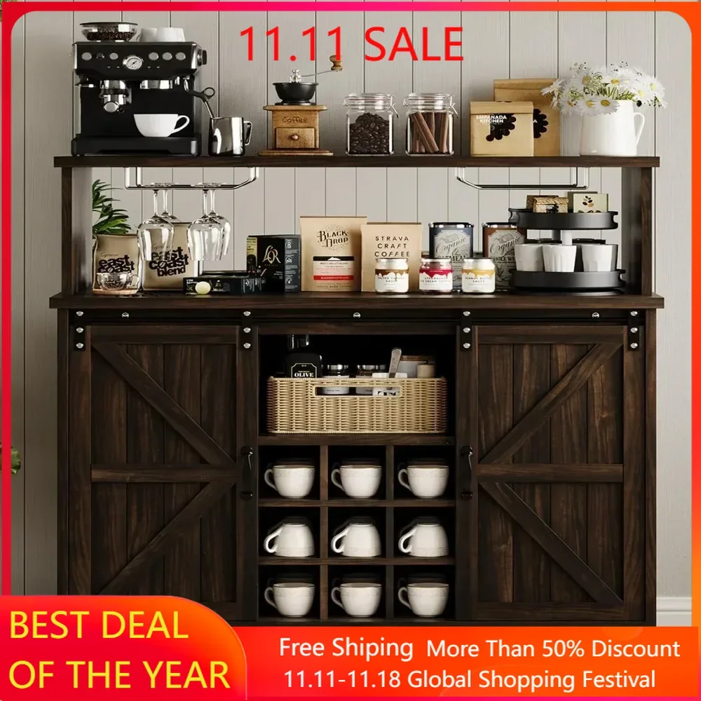 Bar Cabinet, 47” Buffet Sideboard with 4 Glass Hooks & 9 Wine Racks, Coffee Bar Cabinet with Sliding Barn Door Bar Cabinet