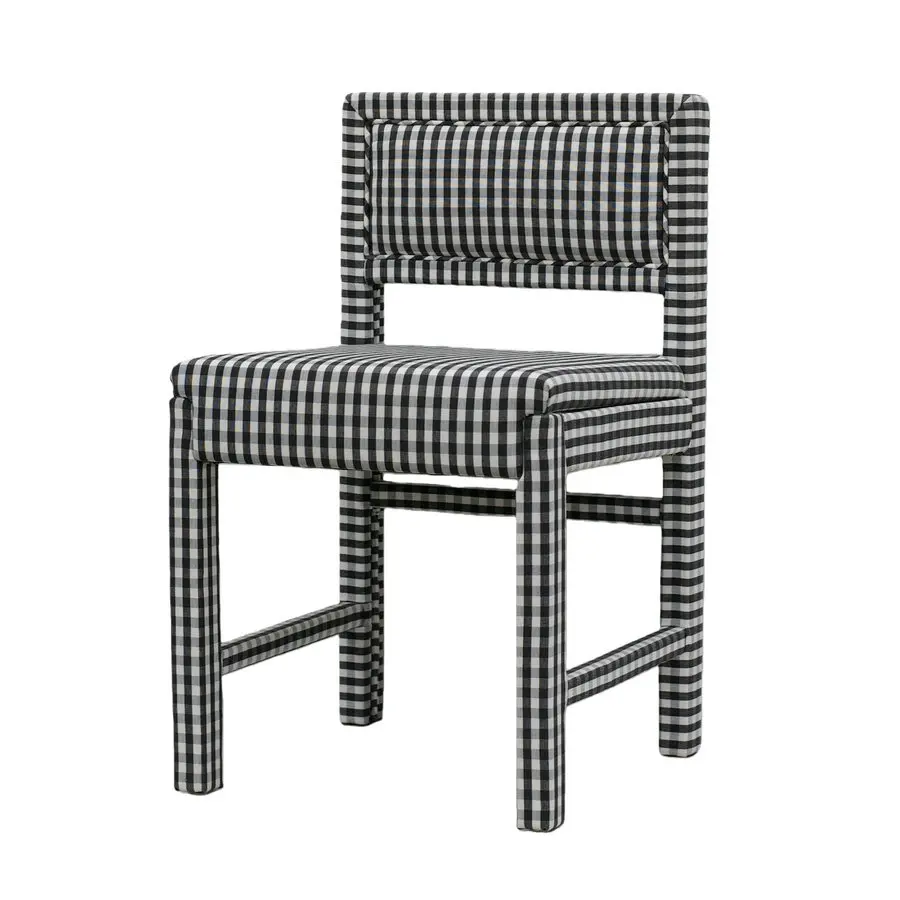 #Modern Stylish Black and White Gingham Checkered Pattern Fabric Desk Vanity Side Chair Wooden Dining Chairs for Dining Table