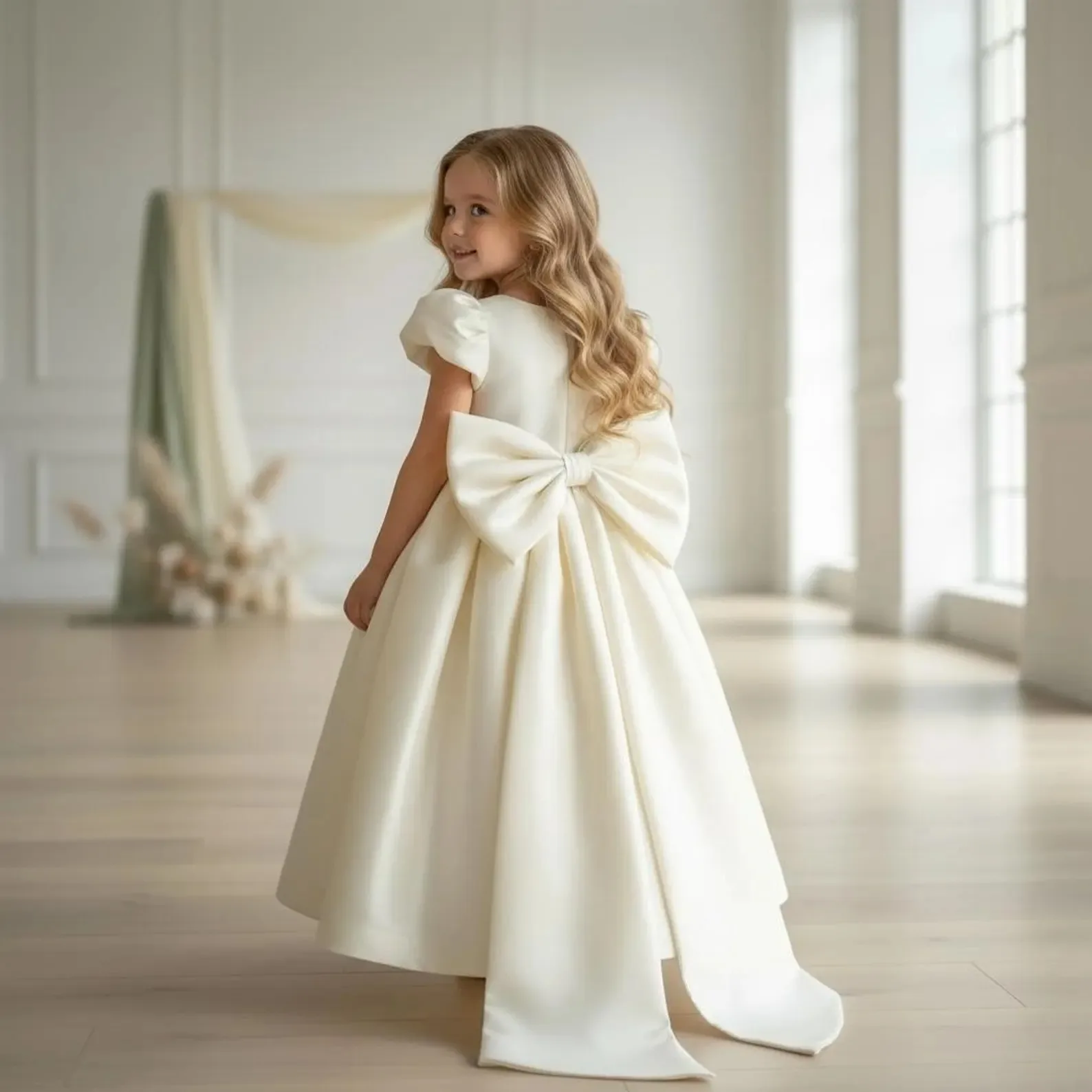 Elegant Ivory Satin Formal Flower Girl Dress Round Neck Puff Sleeve High Waist A Line First Communion Dress Girls Wedding Dress