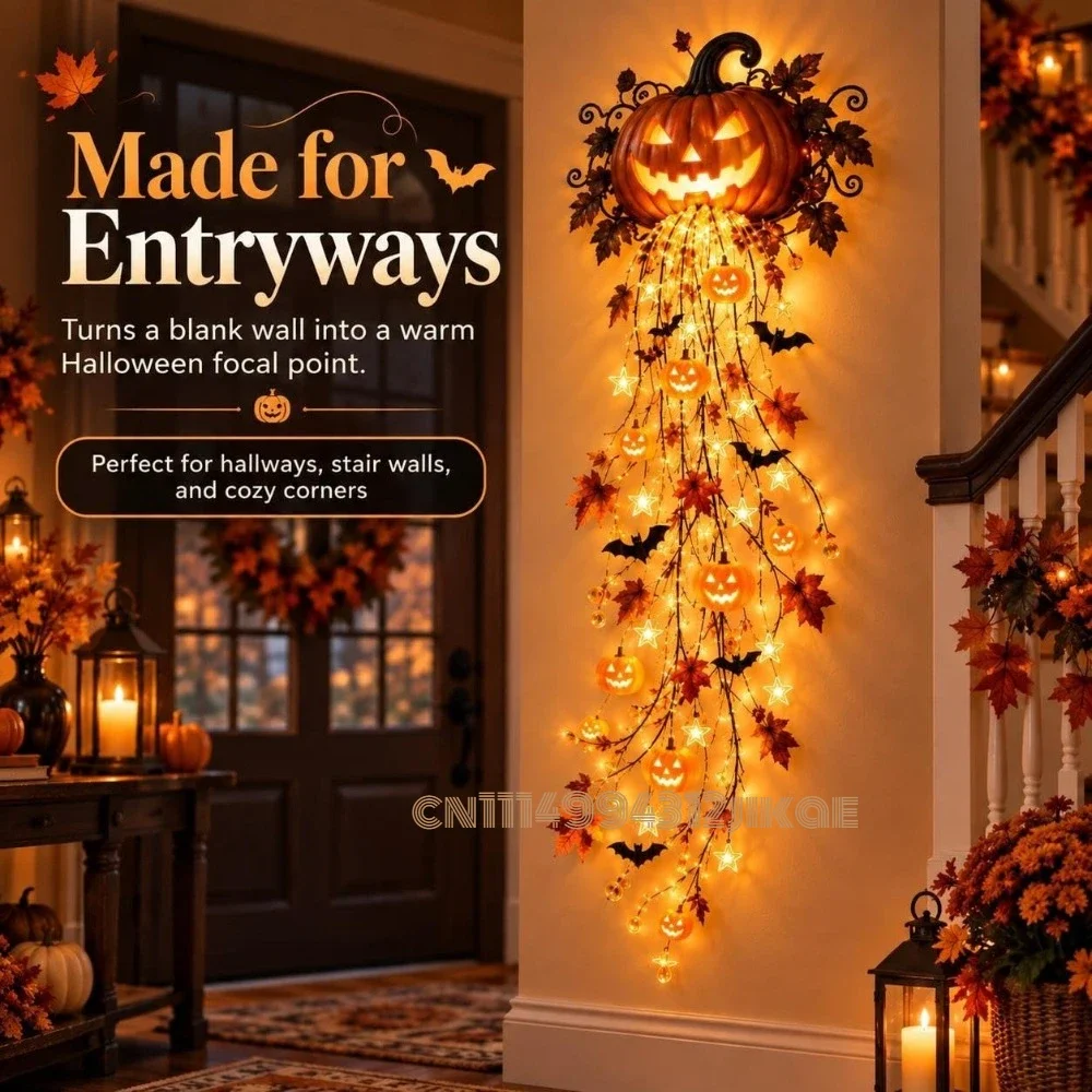 Elegant Halloween Cascade Wall Light Collection, Pumpkin String Lights with Orange Curtain, LED Waterfall Decor with Bat