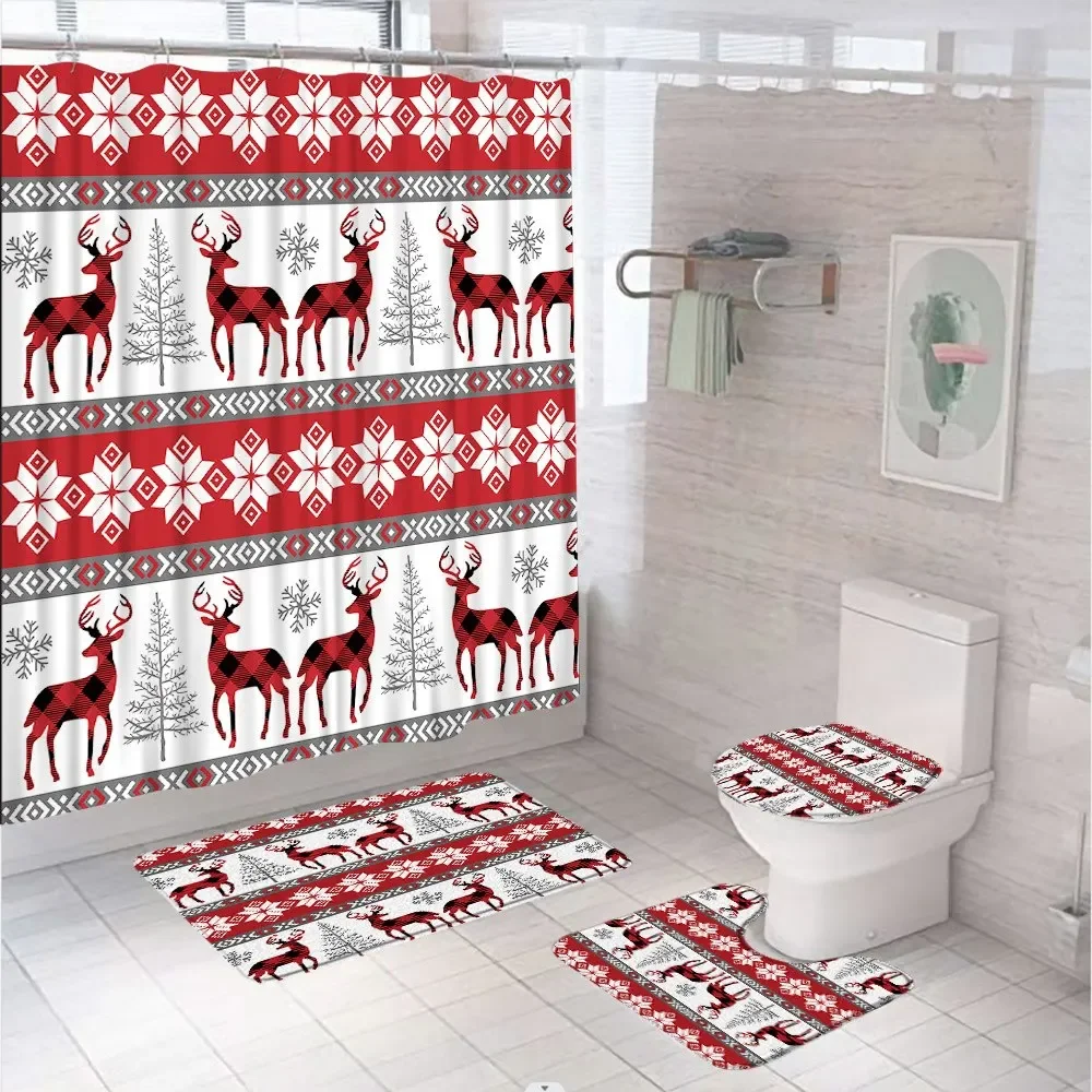 Buffalo Plaid Reindeer Shower Curtain Set With Rugs Toilet Lid Cover Xmas Geometric Snowflake Christmas Decor Bathroom Curtains