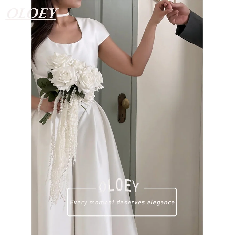 

OLOEY Simple Soft Satin A-Line Korea Photoshoot Wedding Dress Square Collar Floor Length Bridal Gown Robe De Mariage Customized