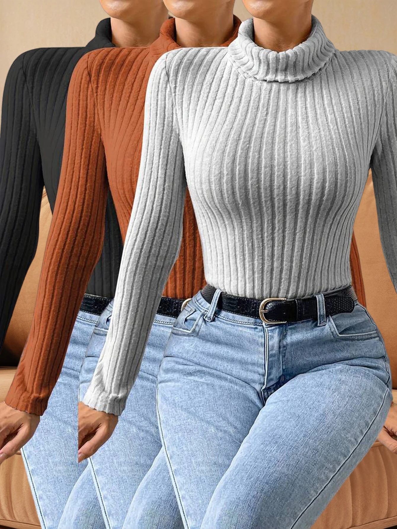 

New autumn-winter solid-color round-neck tight-fitting top set, three-piece set