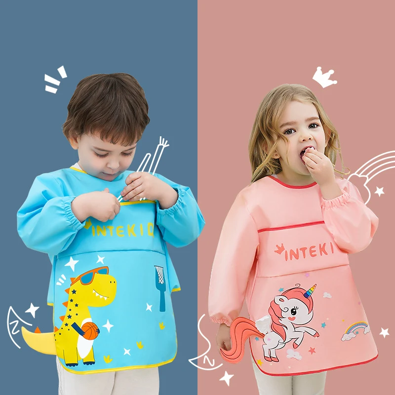 Kids Bibs Cute Cartoon Baby Bib Waterproof Infant Eating Children Drawing Long Sleeve Apron Baby Feeding Bib Kid Painting Aprons