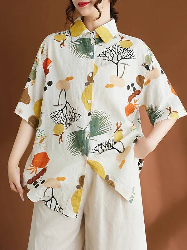

Casual Cotton Linen Print irt f Sve Turn-down Collar Single Button Summer Leisure Versatile Large Size Women's Blouse