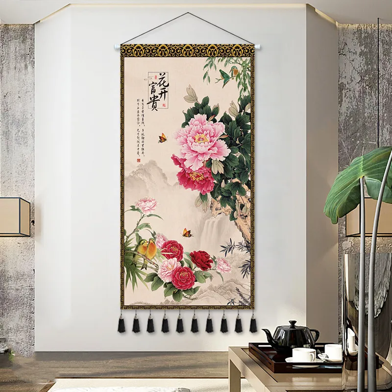 Rich Peony Flower Landscape Painting Bedroom Living Room Home Decor Tapestry Vintage Room Decor Wall Art Poster Scroll Decorativ