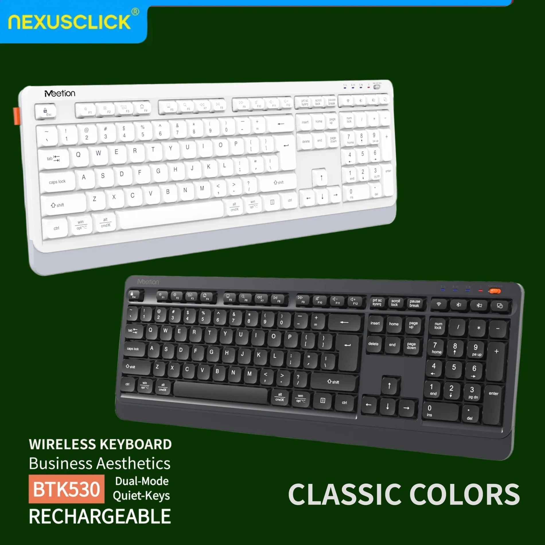 NexusClick Dual Mode 2.4G Wireless Bluetooth Low Profile Keyboard Rechargeable Full Size Ergonomic Silent Keycap for Home Office