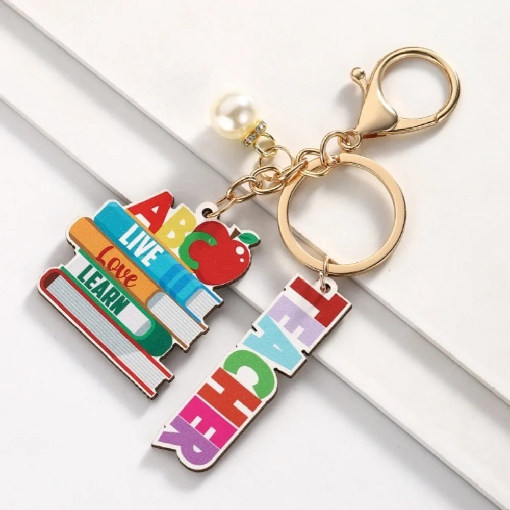 Wooden Teacher's Day Keychain English Letter Geometric Shape Text Keychain Pendant Rainbow Trinket Pen Holder Key Ring