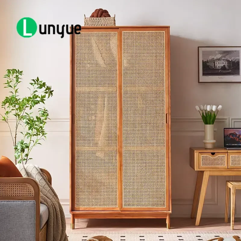 Luxury Solid Wood Rattan Wardrobe Freestanding Locker Natural Coastal Style Bedroom Furniture Clothes Storage Cabinet