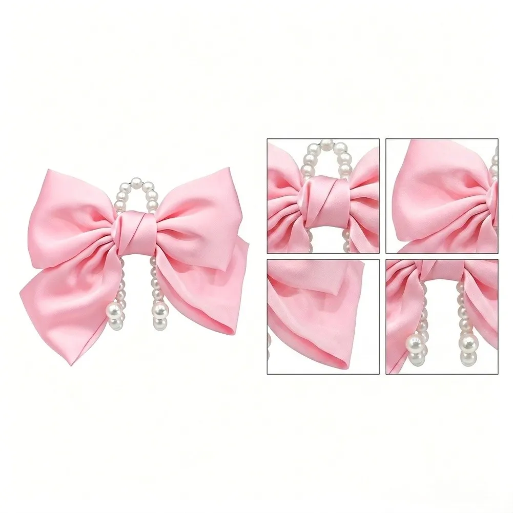 For Car Interior Styling Pink Car Headrest Hooks Pearl Bow Hanger Clutter-free Storage Glossy Pearl Beaded Strap