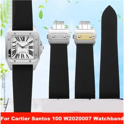 For Cartier Santos 100 W2020007 Waterproof Rubber Watch strap 25mm black soft Silicone Stainless steel watch buckle Watchband