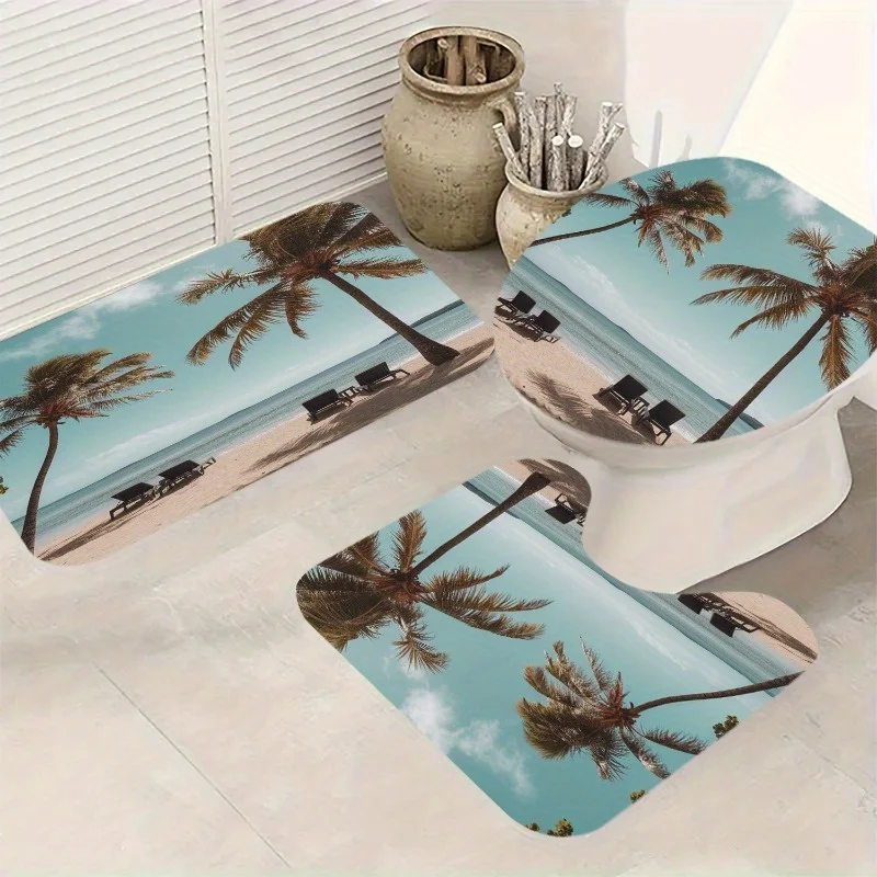 

Tropical Beach 3pc Bath Set – Palm Tree Print, Non-Slip Polyester Toilet Cover, U Mat & Floor Rug for Bathroom Decor