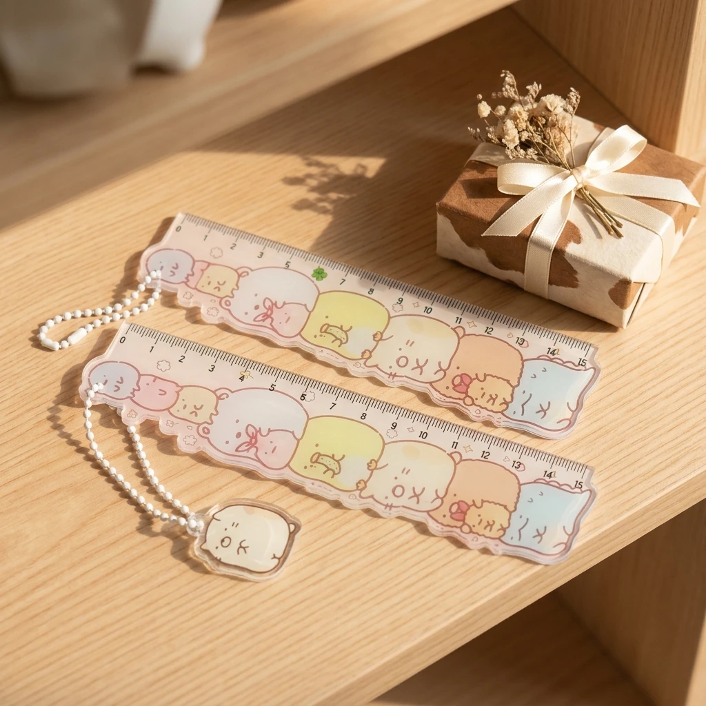 Clear Acrylic Ruler 15cm Two Pieces Stacked Animal Friends Mini 5cm Ruler Ball Chain School Supplies Students Writing Drawing