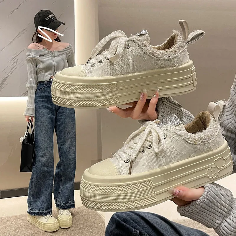 Women's Canvas Fringe Platform White Sneakers 2026 Spring Fall Lace-Up Round Toe Casual Thick Sole Board Shoes for Ladies