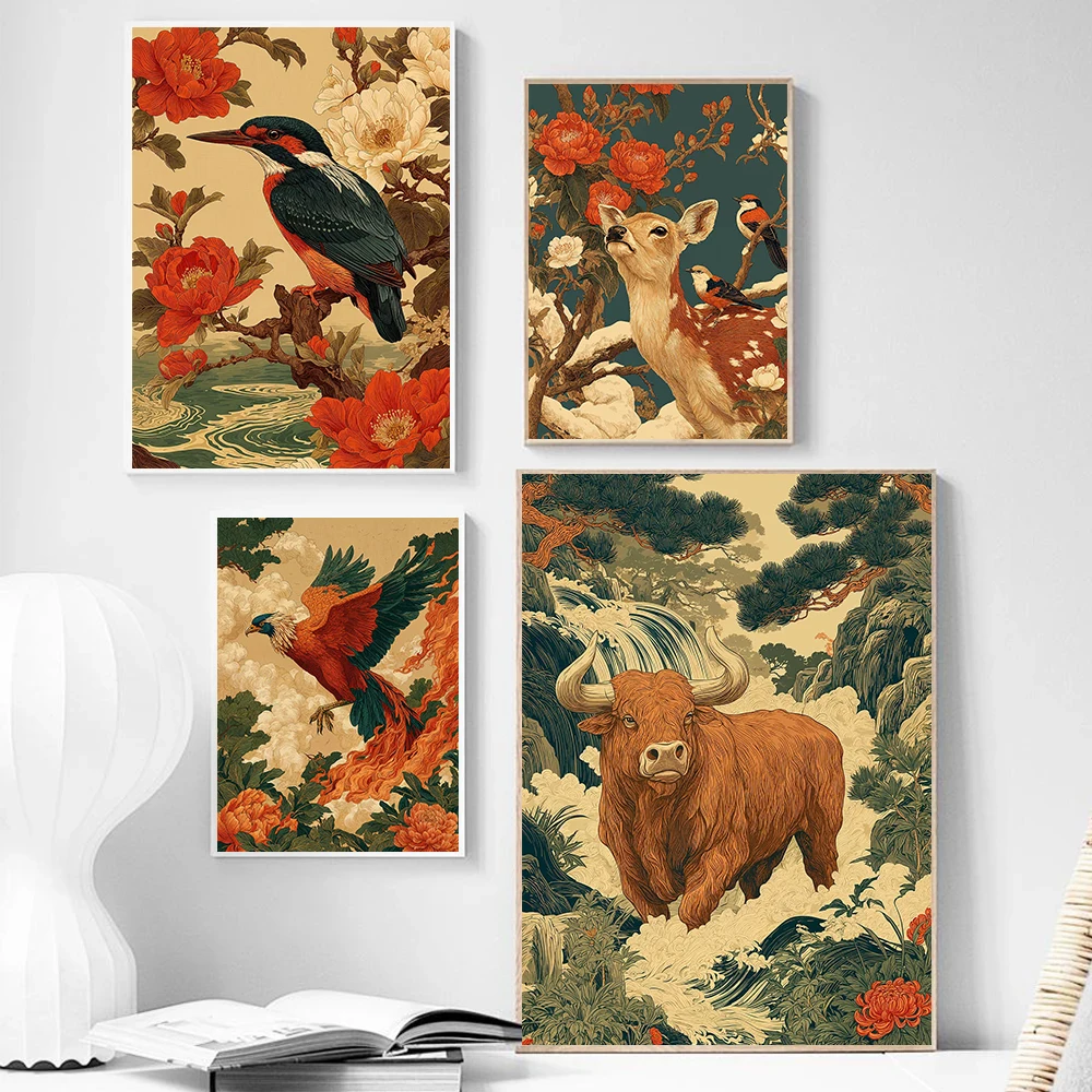 Traditional Asian Art Animal Posters Heron Koi Fish Deer Birds Modern Prints Canvas Painting Wall Picture Home Living Room Decor