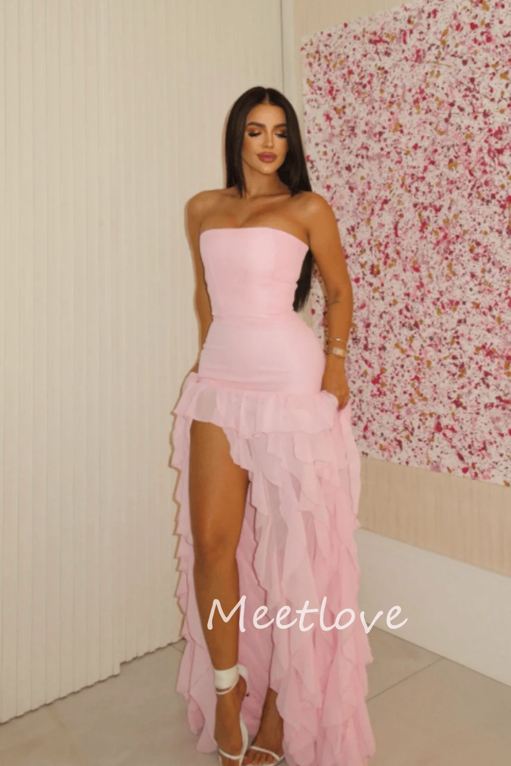 Meetlove 2024 Customized Sheanth StraplessSleeveless Chiffon Tiered Ruffles Floor Length Prom Dress Evening Dress Formal Dress