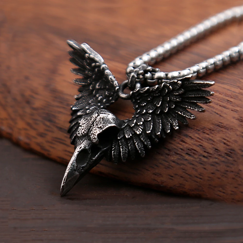 Unique Vintage Black Raven Skull Wing Pendant Necklace for Men Women Stainless Steel Punk Animal Amulet Jewelry Gifts Wholesale