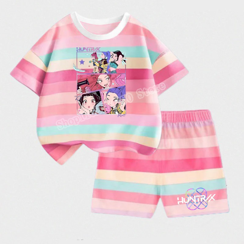 KPop Demon Hunters Child Short Style T-shirt Set Cartoon Rumi Mira Zoey Print Striped Two-piece Suit Summer Casual Homewear Gift