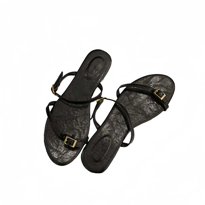 

Woman Thong Sandals Burgundy Ladies Flat Shoes Black Slippers Narrowband Buckle Flats Sandals Punk Style Casual Slippers