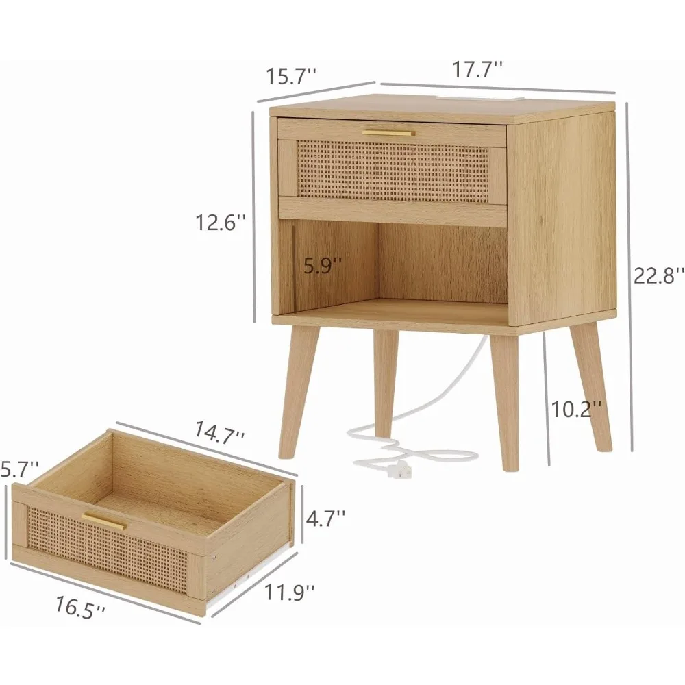 Coppia di comodini Irontar da 17,7 per camera da letto, con stazione di ricarica e cassetti in rattan, comodini in stile bohémien