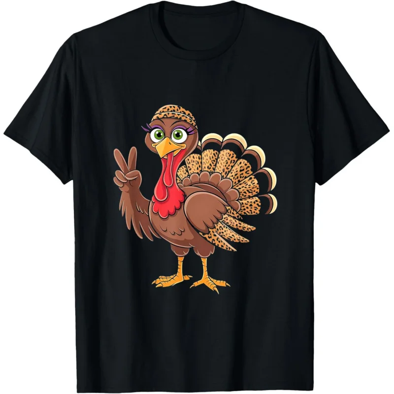 Thanksgiving Cute Turkey Leopard Pattern Women's Black T-shirt