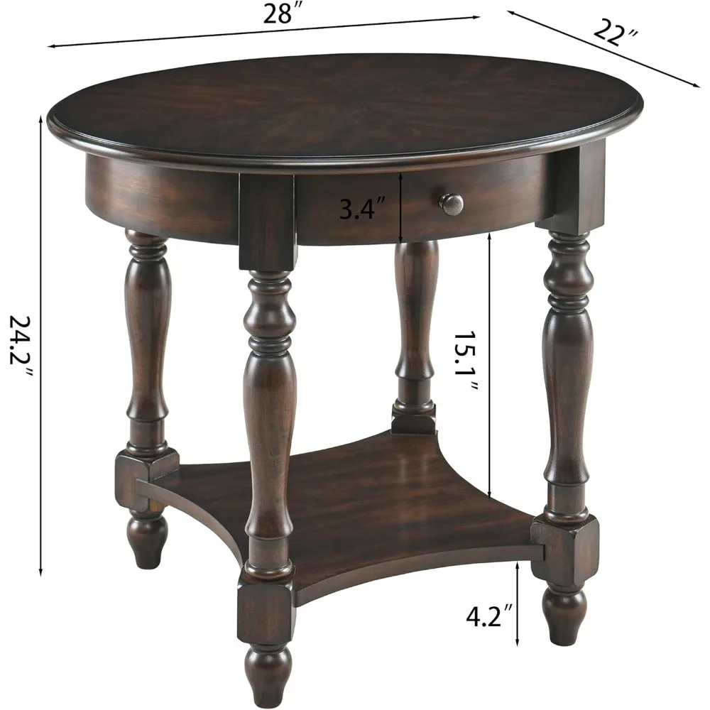 Solid Wood End Table Side Table, Oval Round End Table Nightstand with Drawer, Victorian Antique Vintage Bed Side Table