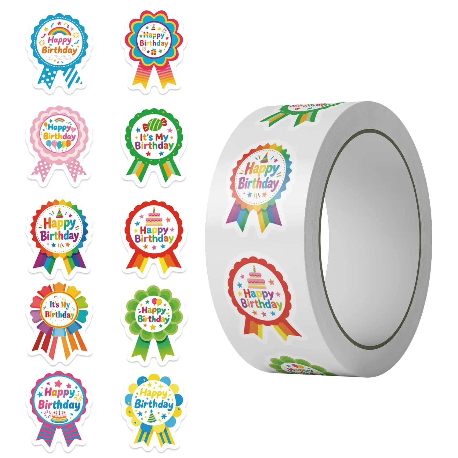 500Pcs Happy Birthday Stickers Roll, 10 Patterns Colorful Badge Ribbon Stickers, Birthday Party Favors Supplies Cake Decorations